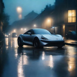 An alpine car on a road in the middle of a rainy night