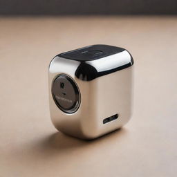 A futuristic pencil sharpener with sleek metallic surfaces, intricate digital interfaces and integrated artificial intelligence