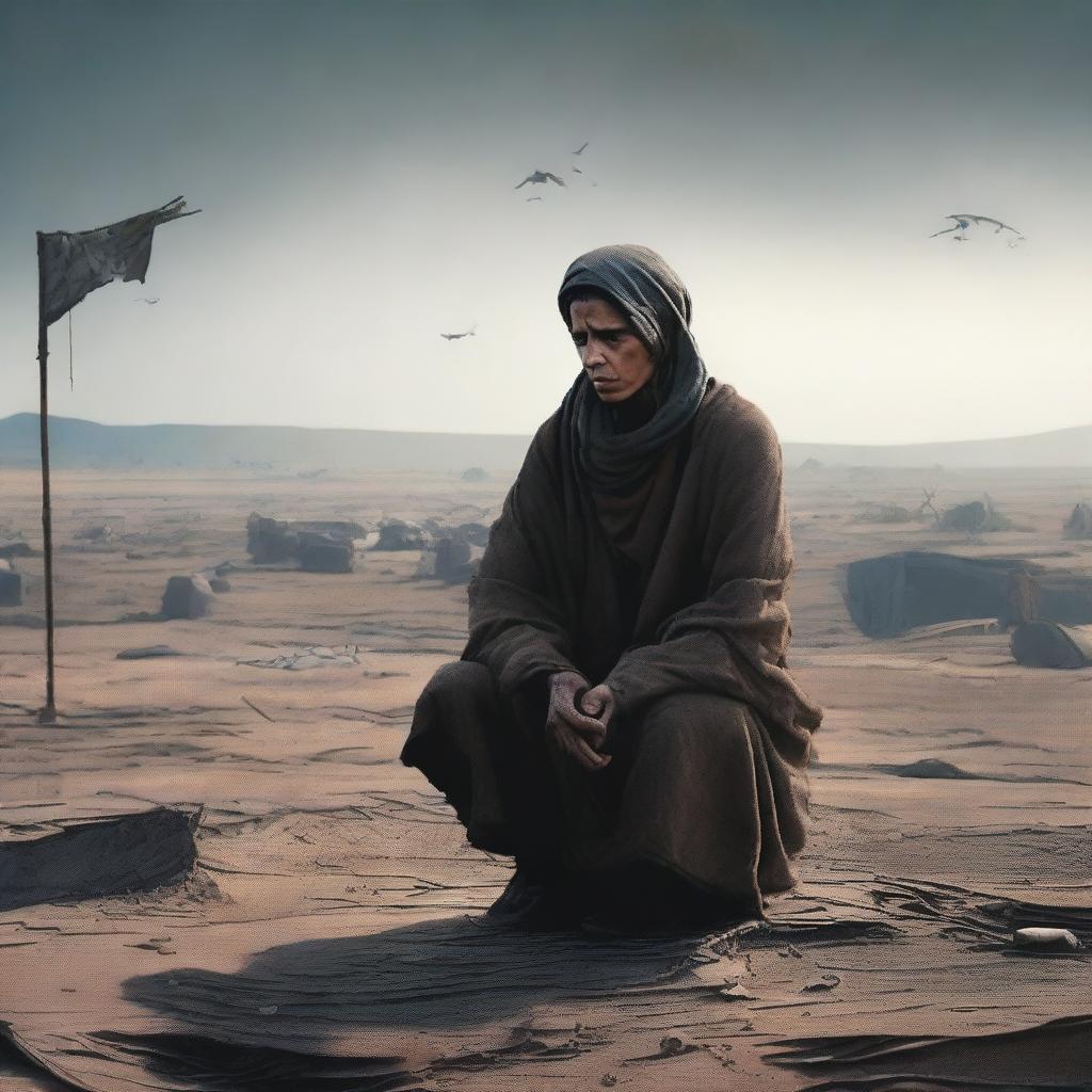 A refugee trapped in their past, depicted in a somber and reflective scene