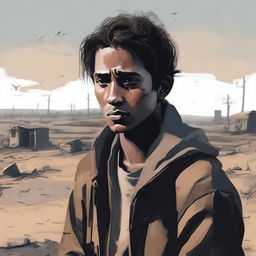 A refugee trapped in their past, depicted in a somber and reflective scene