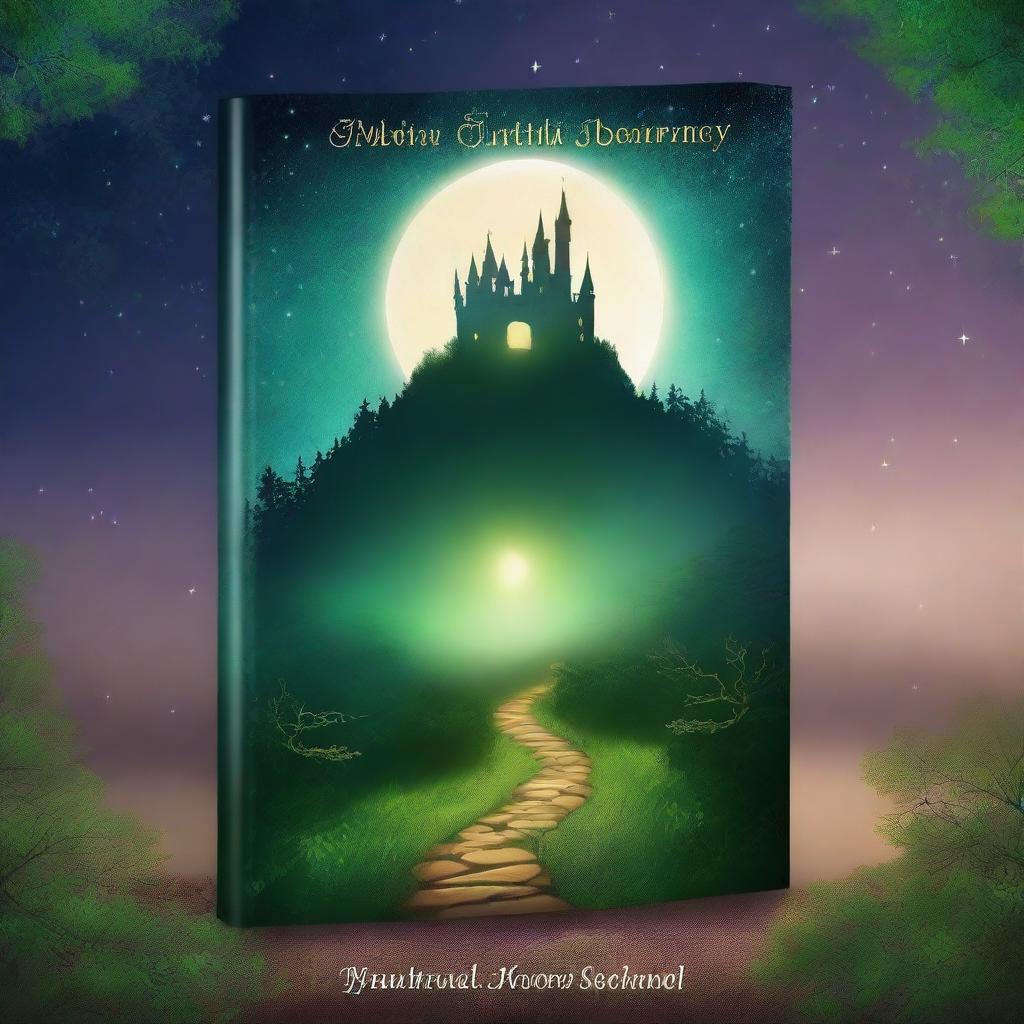 Create an ebook cover featuring a mysterious forest with a glowing path leading to an ancient castle