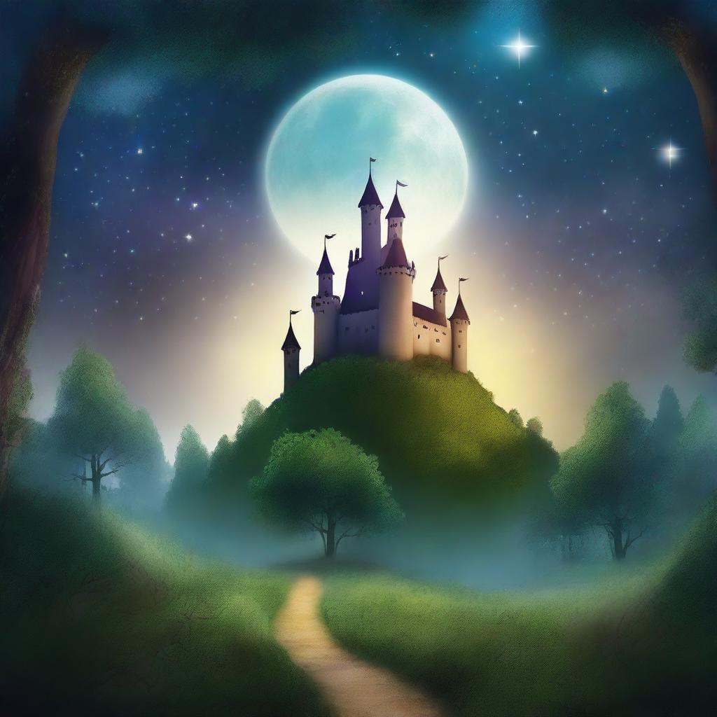 Create an ebook cover featuring a mysterious forest with a glowing path leading to an ancient castle