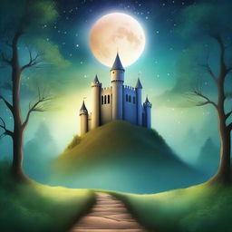 Create an ebook cover featuring a mysterious forest with a glowing path leading to an ancient castle