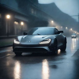 A matte gray alpine car with long spoilers driving on a road in the middle of a rainy night