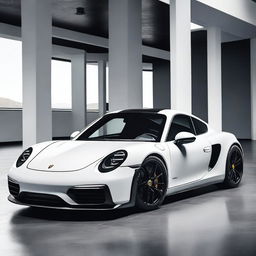 A matte white Porsche car with a sleek, futuristic design