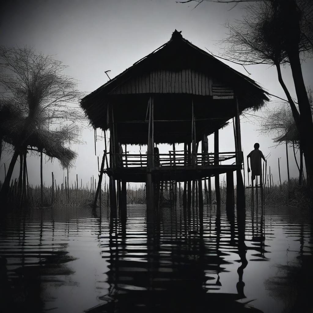 A tragic scene of torture in a traditional stilt house