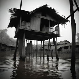 A tragic scene of torture in a traditional stilt house