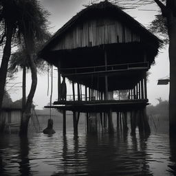 A tragic scene of torture in a traditional stilt house