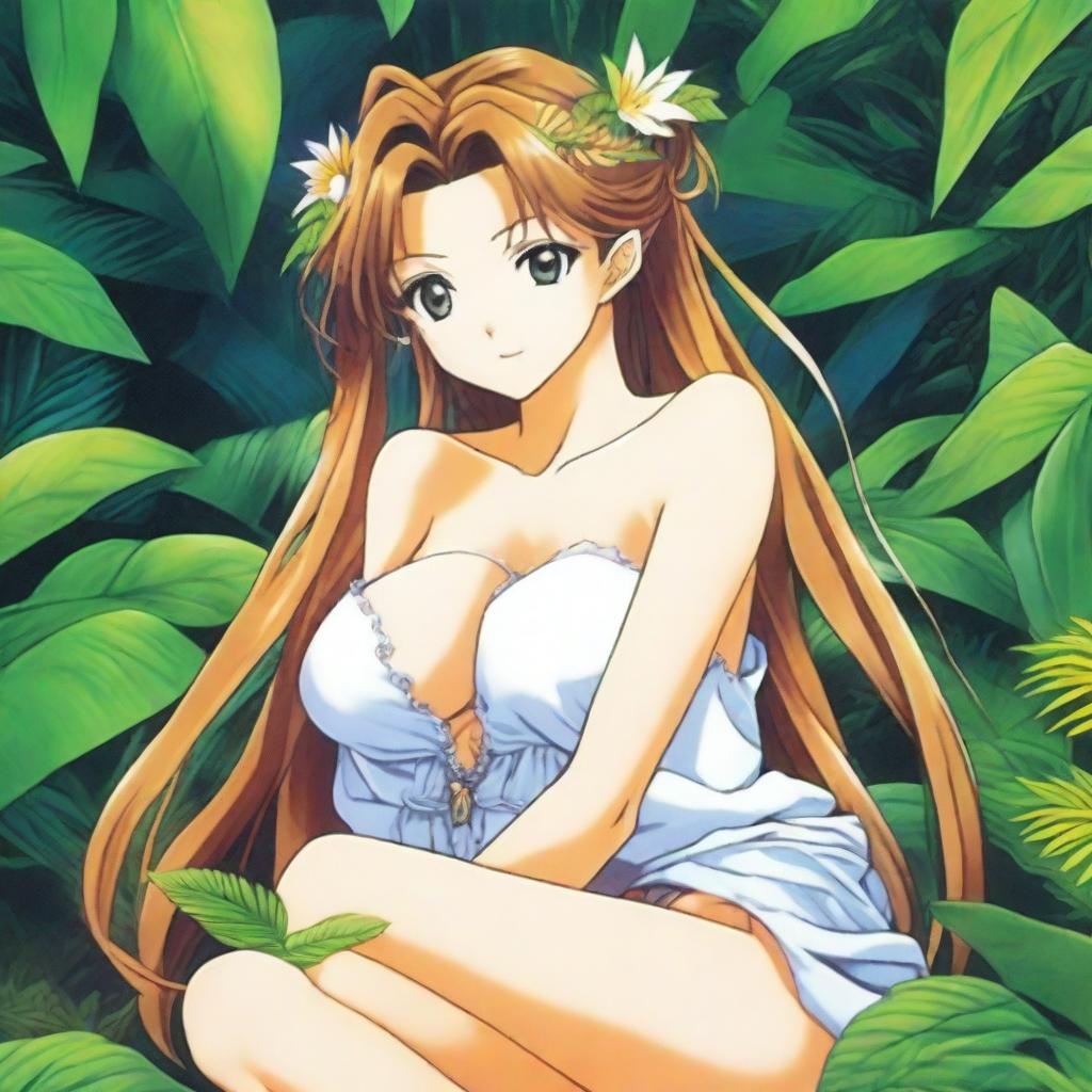 A 24-year-old Belldandy from Ah! My Goddess, depicted in a sexy yet tasteful manner, hugging someone in a lush jungle