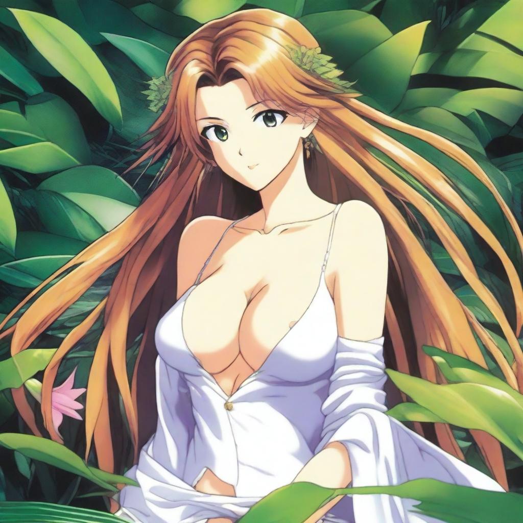 A 24-year-old Belldandy from Ah! My Goddess, depicted in a sexy yet tasteful manner, hugging someone in a lush jungle