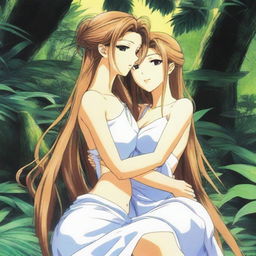 A 24-year-old Belldandy from Ah! My Goddess, depicted in a sexy yet tasteful manner, hugging someone in a lush jungle