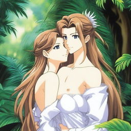 A 24-year-old Belldandy from Ah! My Goddess, depicted in a sexy yet tasteful manner, hugging someone in a lush jungle