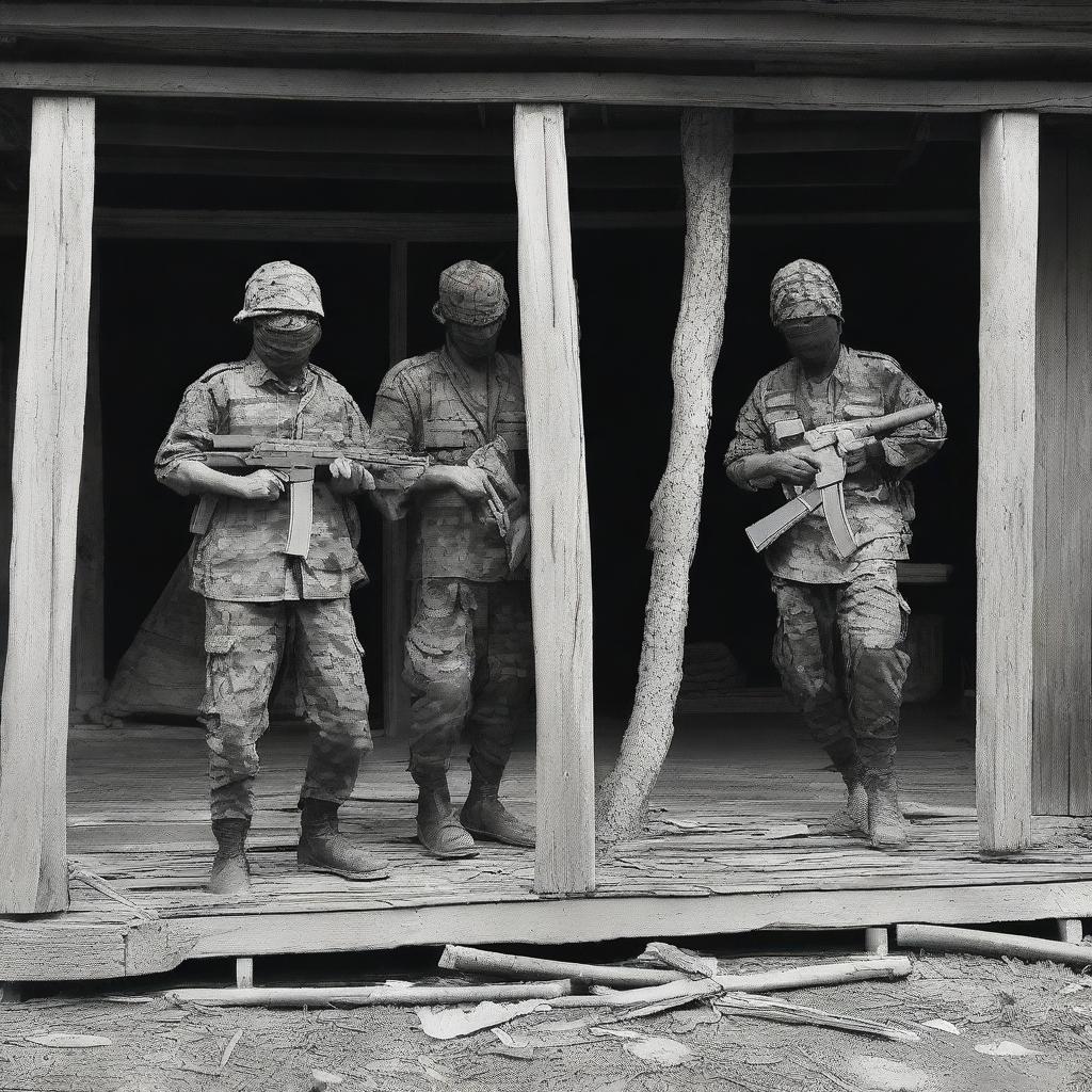 A tragic scene of a murder committed by armed forces in a traditional Acehnese house