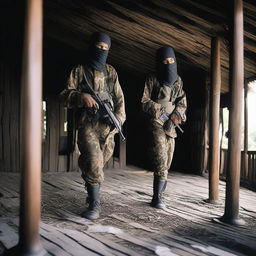 A tragic scene of a murder committed by armed forces in a traditional Acehnese house