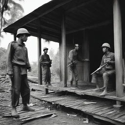 A tragic scene of a murder committed by armed forces in a traditional Acehnese house