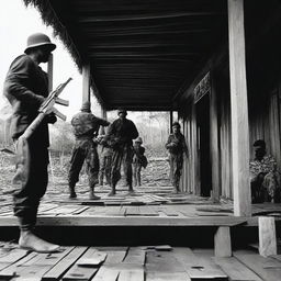 A tragic scene of a murder committed by armed forces in a traditional Acehnese house