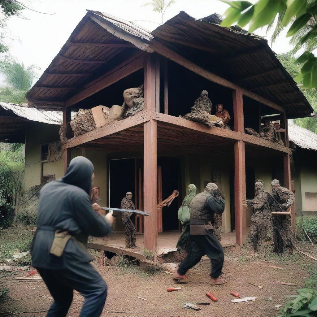 A tragic and violent scene where armed forces are committing murder against a rebel wearing a peci in a traditional Acehnese house