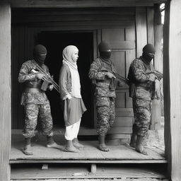 A tragic and violent scene where armed forces are committing murder against a rebel wearing a peci in a traditional Acehnese house