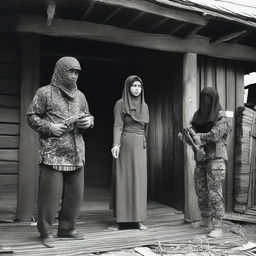 A tragic and violent scene where armed forces are committing murder against a rebel wearing a peci in a traditional Acehnese house