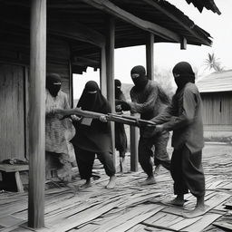 A tragic and violent scene where armed forces are committing murder against a rebel wearing a peci in a traditional Acehnese house