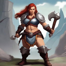 A female dwarf barbarian without a beard, wearing rugged armor and wielding a large battle axe