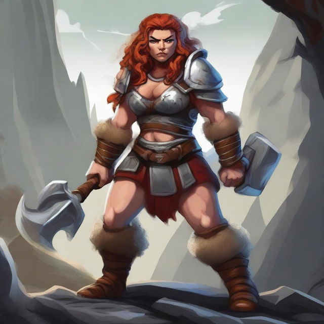 A female dwarf barbarian without a beard, wearing rugged armor and wielding a large battle axe