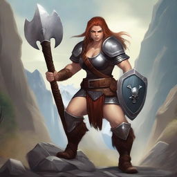 A female dwarf barbarian without a beard, wearing rugged armor and wielding a large battle axe