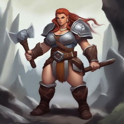 A female dwarf barbarian without a beard, wearing rugged armor and wielding a large battle axe