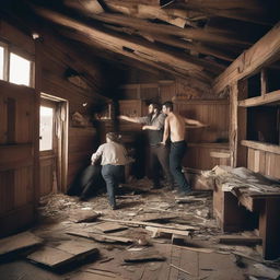 A chaotic scene of a riot inside a wooden house