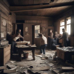 A chaotic scene of a riot inside a wooden house