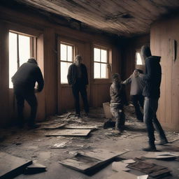 A chaotic scene of a riot inside a wooden house