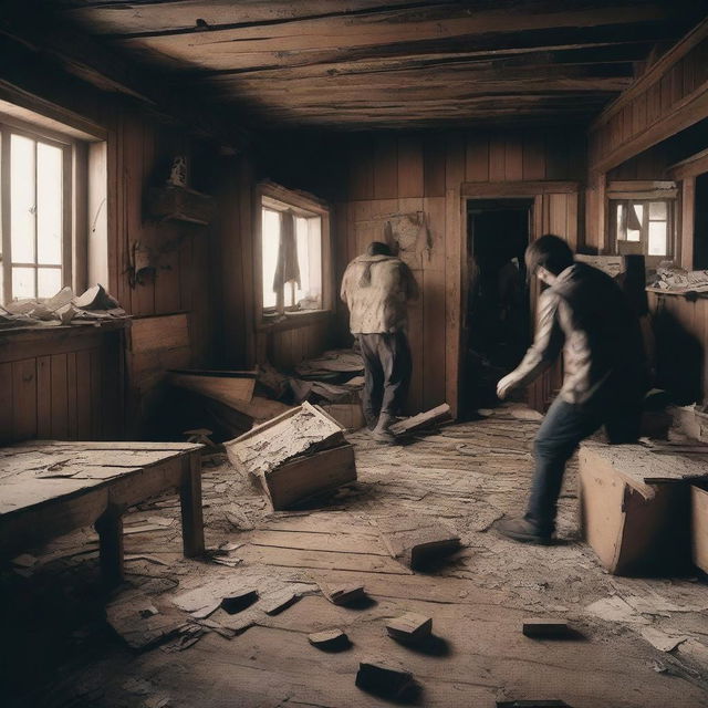 A chaotic scene of a riot inside a wooden house