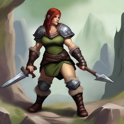 A realistic depiction of a female dwarf barbarian without a beard, with a greenish hue on her skin tone