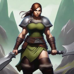 A realistic depiction of a female dwarf barbarian without a beard, with a greenish hue on her skin tone