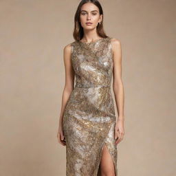 A luxurious dress made with fabric that features metallic and gold applications inspired by mineral stones.