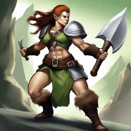 A realistic depiction of a female dwarf barbarian without a beard, with a greenish hue on her skin tone