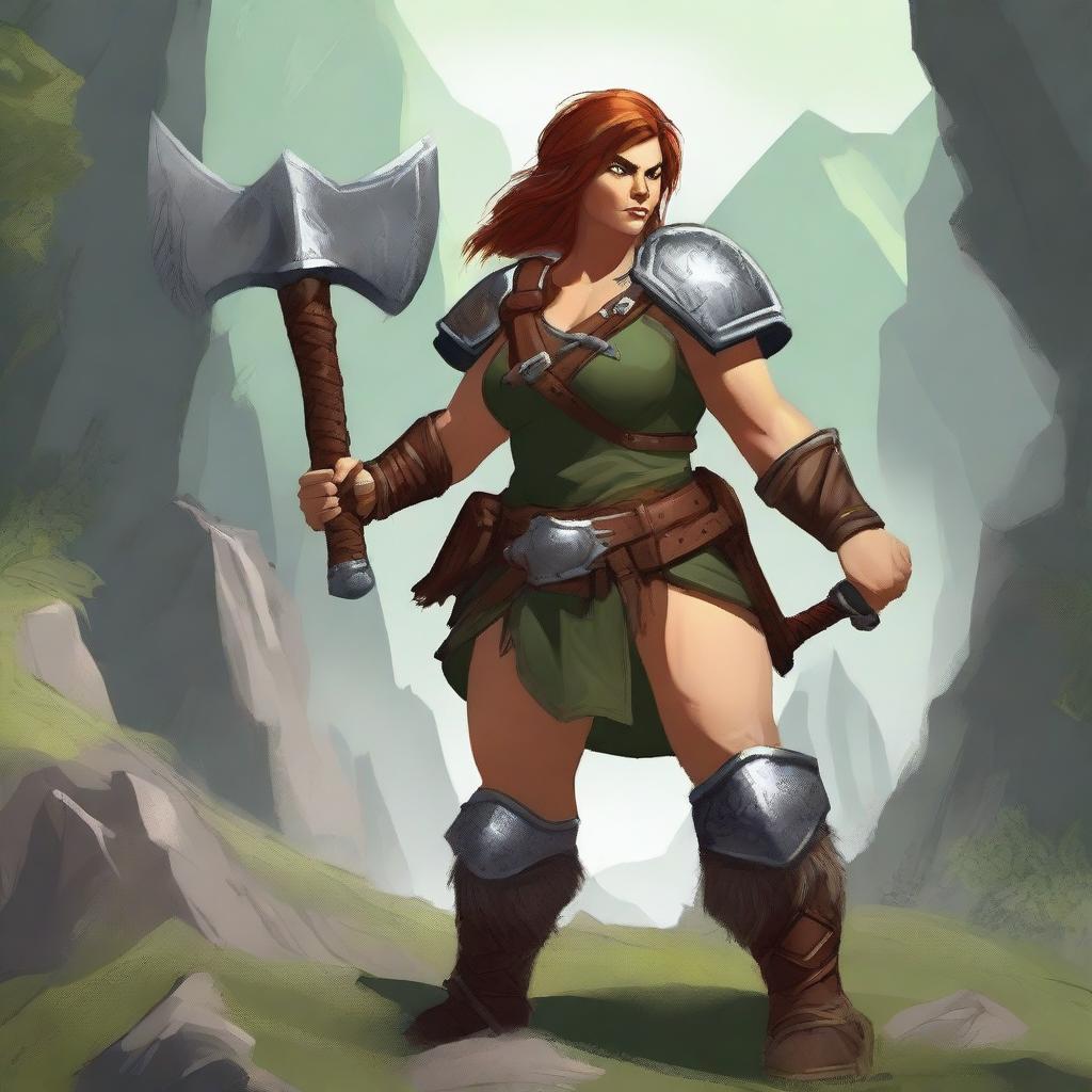 A realistic depiction of a female dwarf barbarian without a beard, with a greenish hue on her skin tone