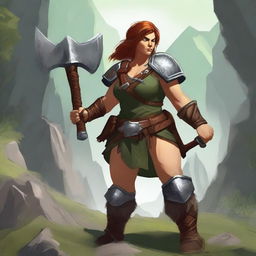 A realistic depiction of a female dwarf barbarian without a beard, with a greenish hue on her skin tone