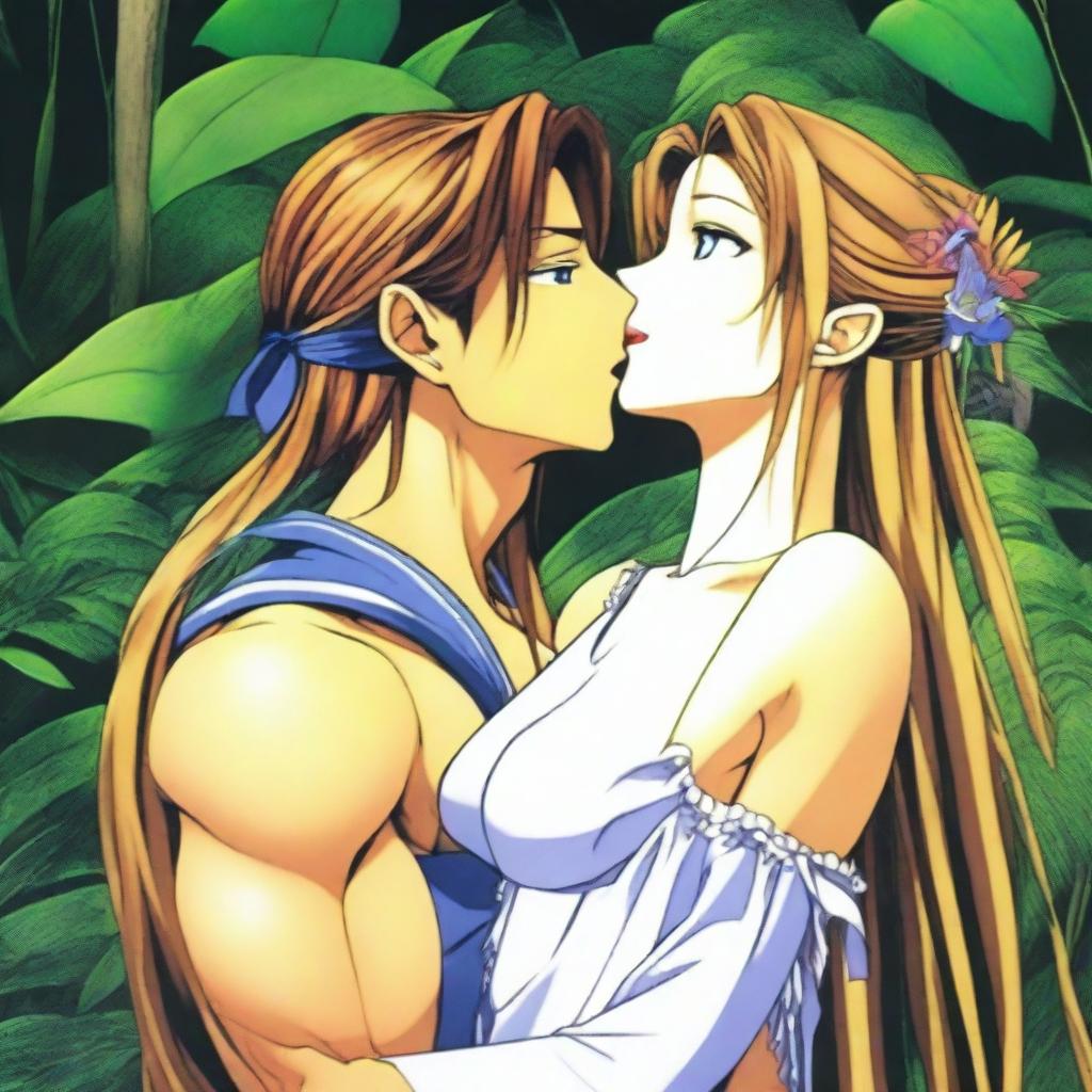 A 24-year-old Belldandy from Ah! My Goddess, depicted in a sexy yet tasteful manner, kissing her boyfriend in a lush jungle