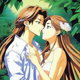 A 24-year-old Belldandy from Ah! My Goddess, depicted in a sexy yet tasteful manner, kissing her boyfriend in a lush jungle