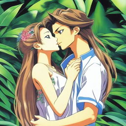 A 24-year-old Belldandy from Ah! My Goddess, depicted in a sexy yet tasteful manner, kissing her boyfriend in a lush jungle