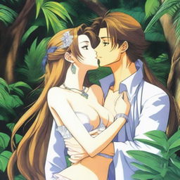 A 24-year-old Belldandy from Ah! My Goddess, depicted in a sexy yet tasteful manner, kissing her boyfriend in a lush jungle