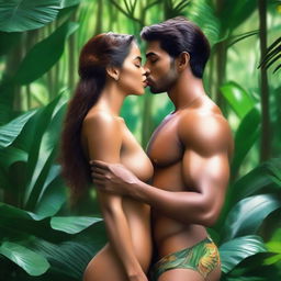 A 24-year-old sexy goddess, depicted in a tasteful and alluring manner, kissing her boyfriend in a lush jungle