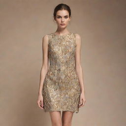 A luxurious dress made with fabric that features metallic and gold applications inspired by mineral stones.