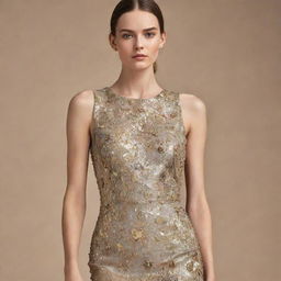 A luxurious dress made with fabric that features metallic and gold applications inspired by mineral stones.