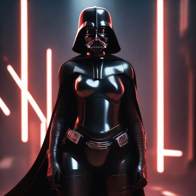 A young, voluptuous woman dressed in a seductive, evil version of Darth Vader's costume