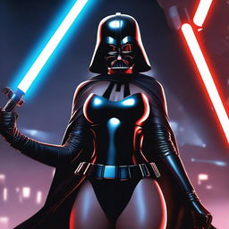 A young, voluptuous woman dressed in a seductive, evil version of Darth Vader's costume