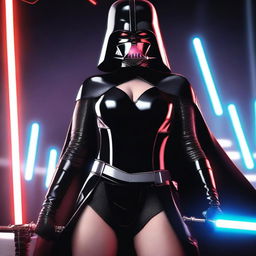 A young, voluptuous woman dressed in a seductive, evil version of Darth Vader's costume