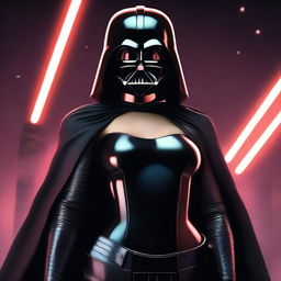 A young, voluptuous woman dressed in a seductive, evil version of Darth Vader's costume