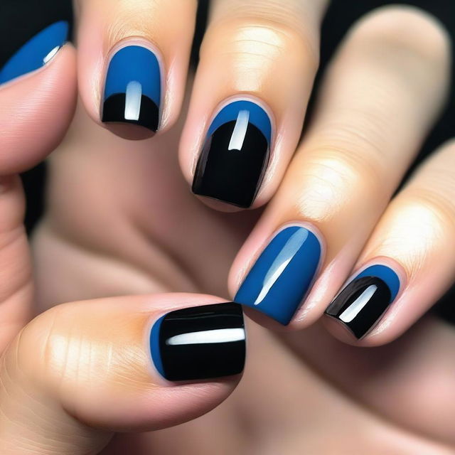 A detailed close-up image of a French manicure with a blue base and black flat design on short nails